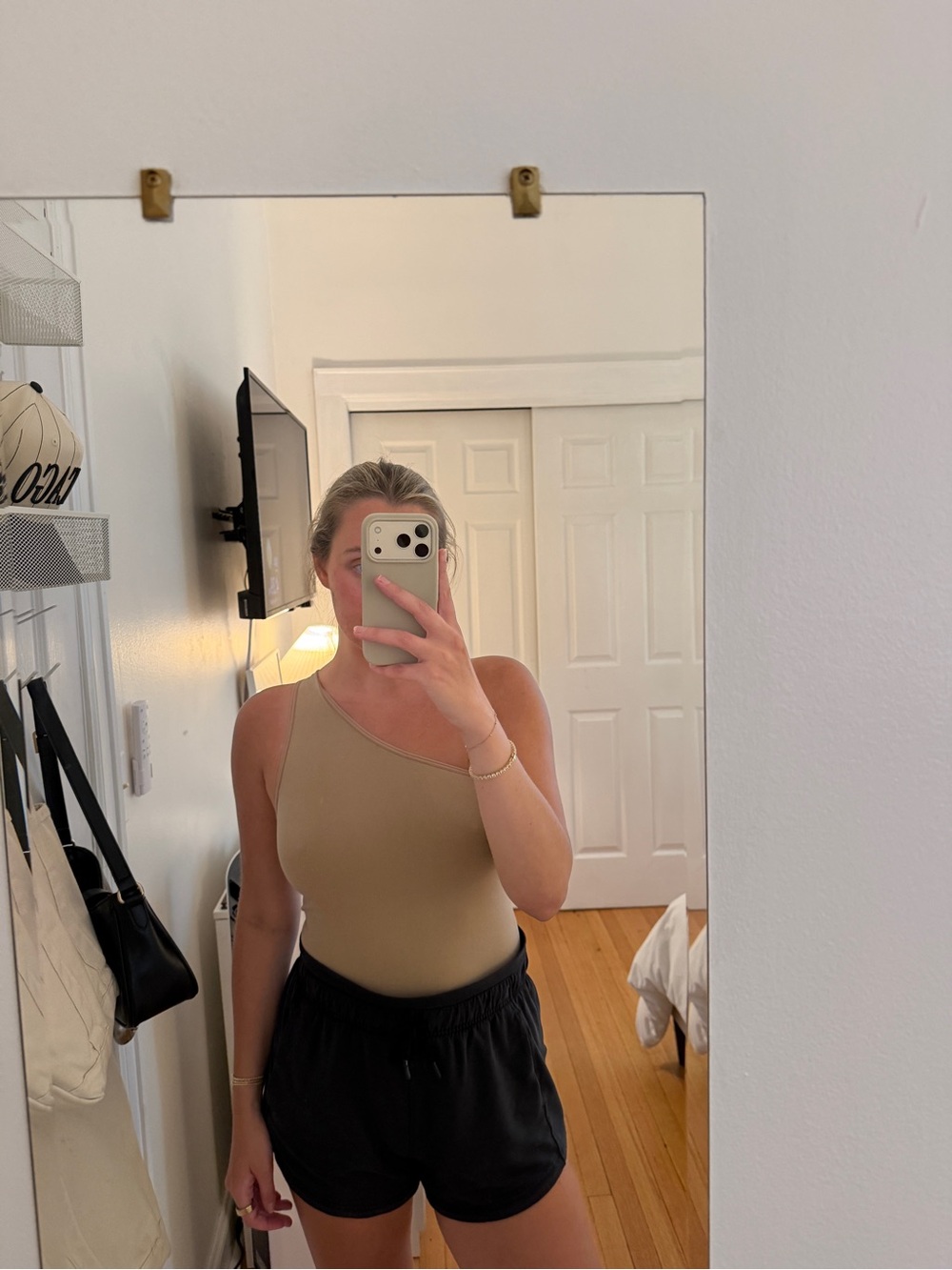 Asymmetric One-Shoulder Bodysuit in Taupe